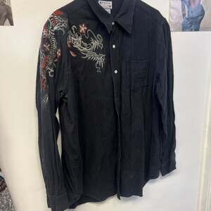 Lucky Brand Vintage Black Corduroy Embroidered Dragon Button Up Shirt